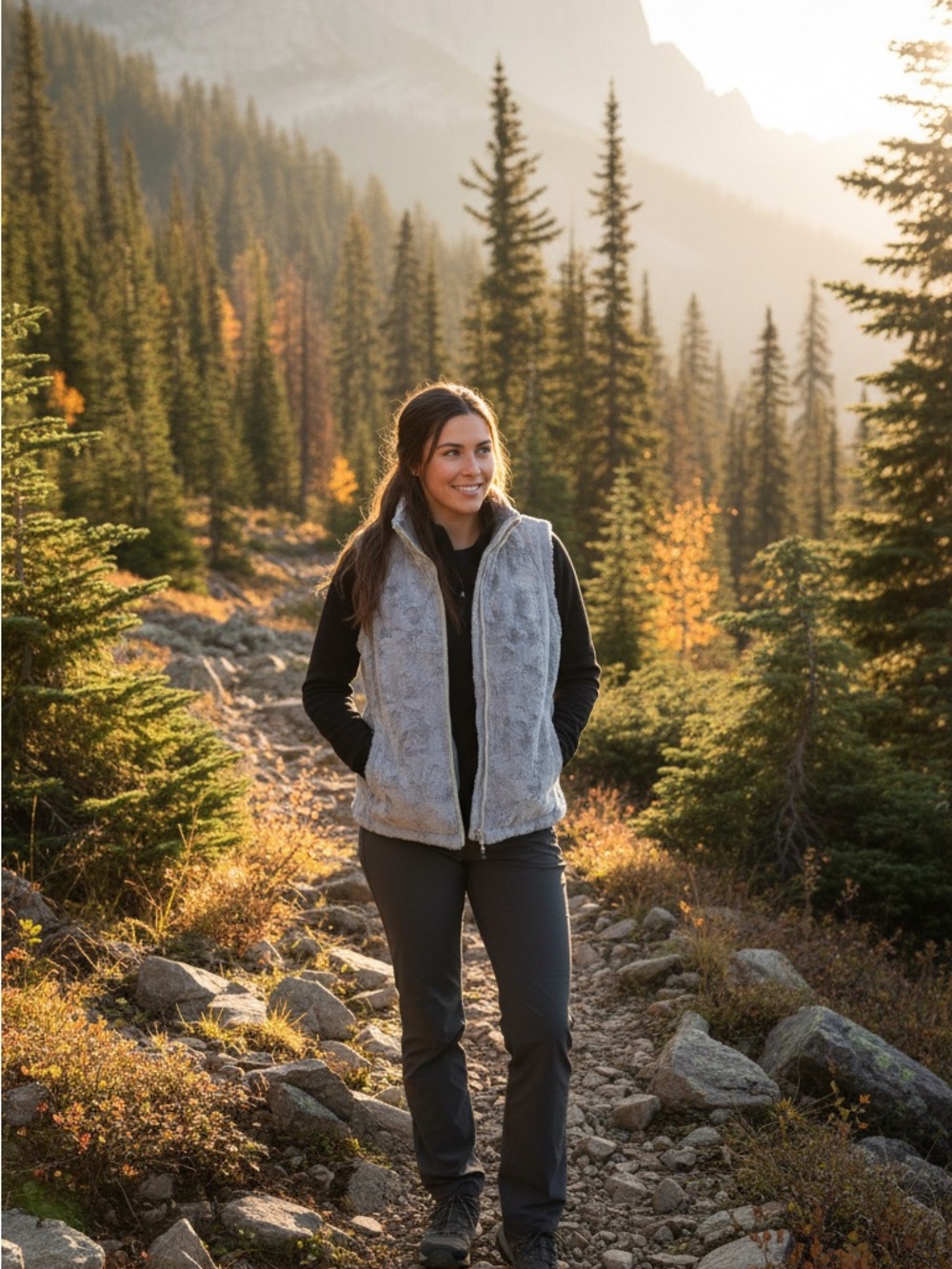 The North Face Woman's Reversible Faux Fur Puffer Vest in Gray Medium